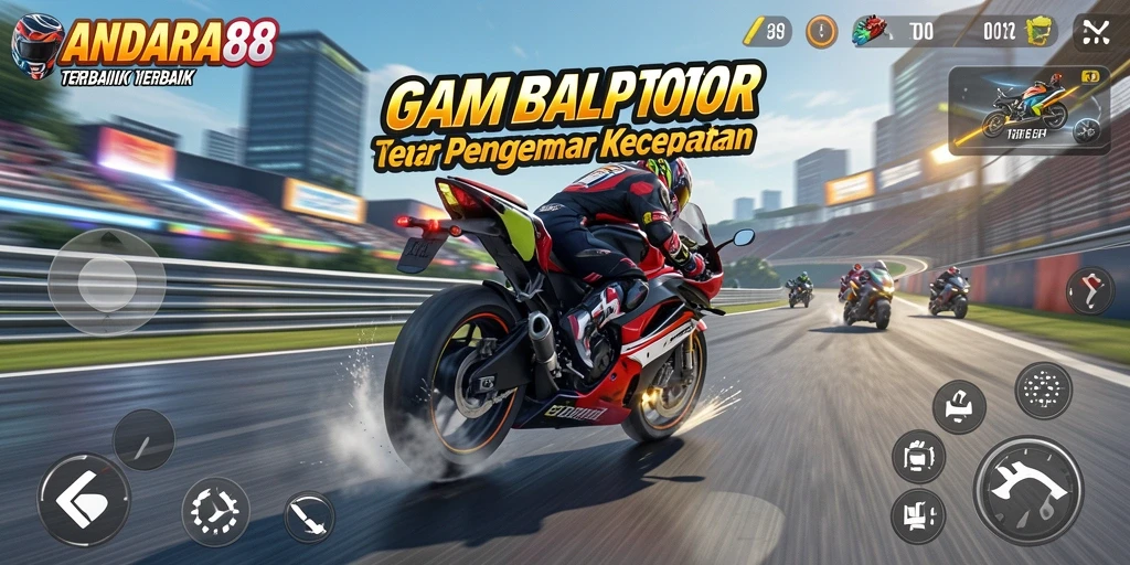 Tangkapan layar gameplay <strong>ANDARA88</strong> menampilkan aksi balapan motor yang mendebarkan.
