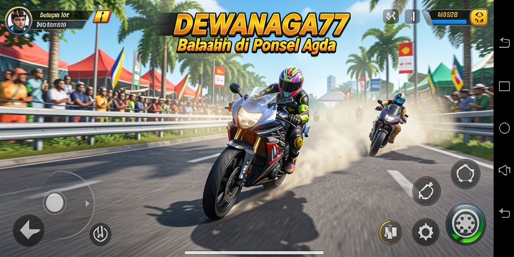 Screenshot gameplay DEWANAGA77 menampilkan balapan motor yang seru dan menegangkan.