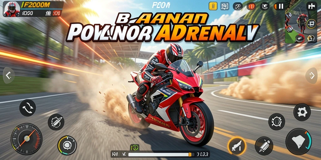 Screenshot utama F200M menampilkan aksi balapan sepeda motor yang mendebarkan.