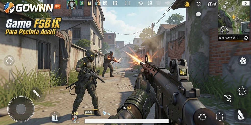 Screenshot utama GOWIN menampilkan aksi tembak-menembak di medan perang FPS.