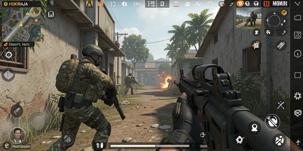 Screenshot utama HOKIRAJA menunjukkan aksi adrenalin tinggi dalam permainan FPS.