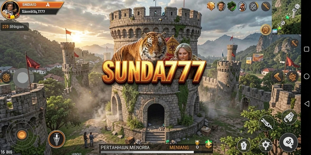 Screenshot dari gameplay SUNDA777 menampilkan menara bertahan melawan gelombang musuh.